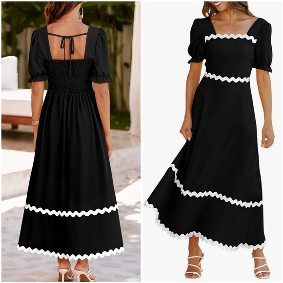 NWT BTFBM Black White Ric Rac Square Tie Smocked Tiered Puff Sleeve Maxi Dress L - Picture 2 of 15